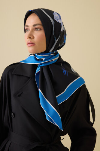 Zambak Lacivert Tivil İpek Eşarp 90x90 - Imannoor (1)