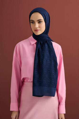 Zincir Desen Lacivert Pamuk İpek Şal 70x210 