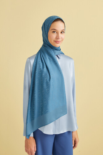 Zincir Desen Petrol Mavisi Pamuk İpek Şal 70x210 