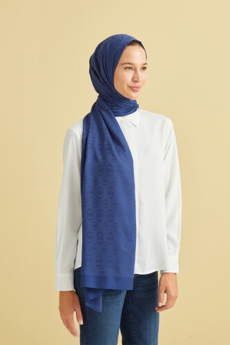 Zincir Desen Mavi Pamuk İpek Şal 70x210 