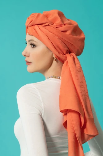 Zincir Desen Turuncu Pamuk İpek Şal 70x210 