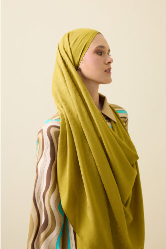 Zincir Desen Yağ Yeşili Pamuk İpek Şal 70x210 