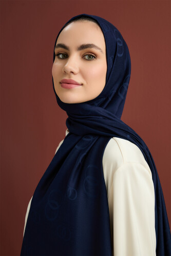  Zincir Kare Lacivert Pamuk İpek Şal 70x210 - Imannoor