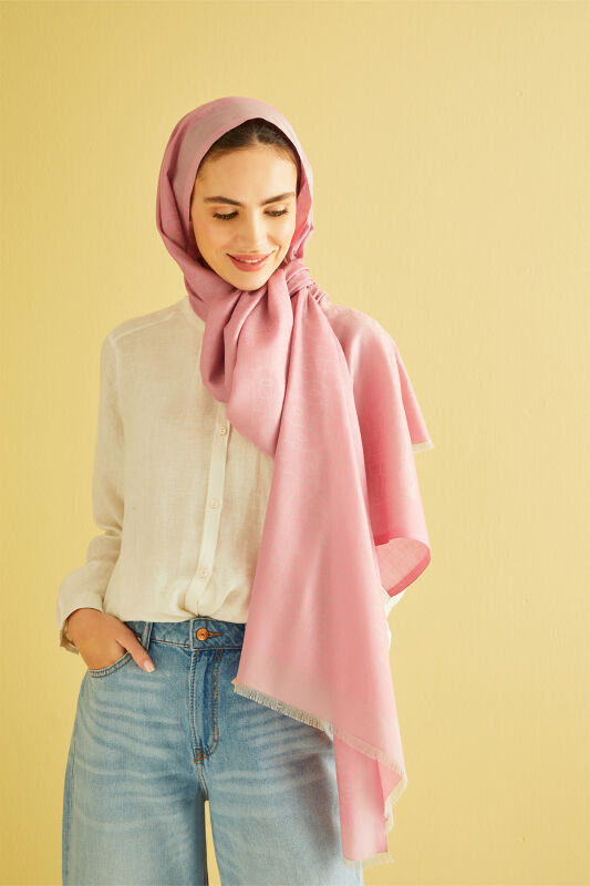 Zincir Monogram Pembe Pamuk İpek Şal - 2