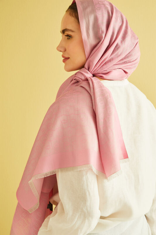 Zincir Monogram Pembe Pamuk İpek Şal - 4